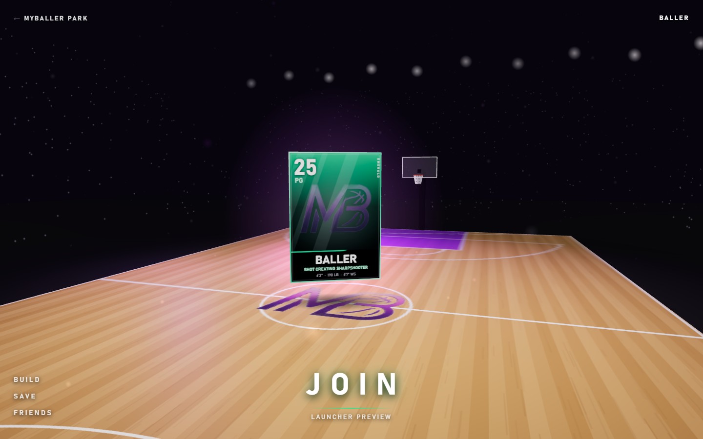 MyBaller's actual court lobby interface: a player card on a purple hardwood court, with Build, Save, Friends and Join controls.